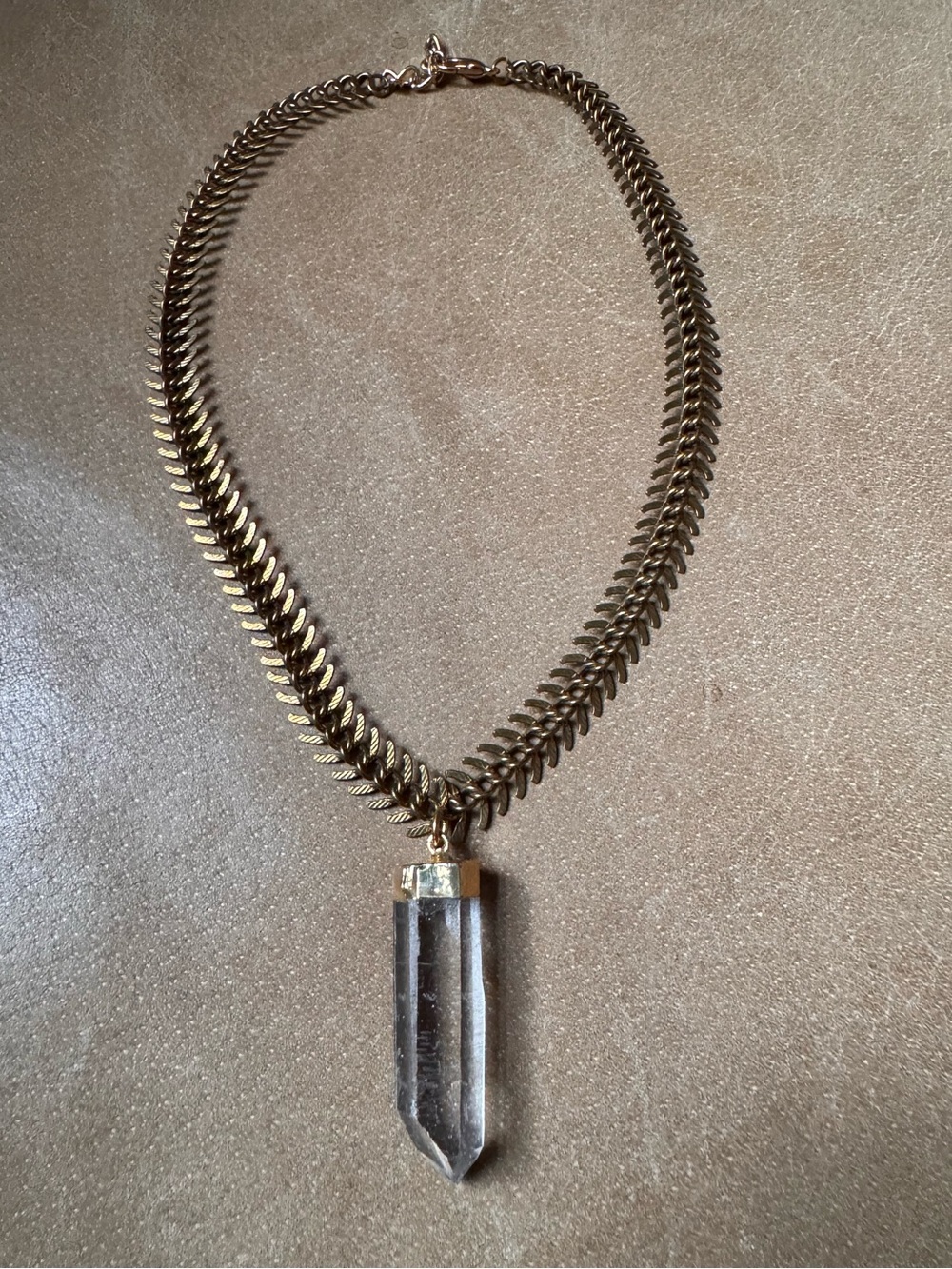 Crystal Quartz pendant necklace gold brass Fishbone chain